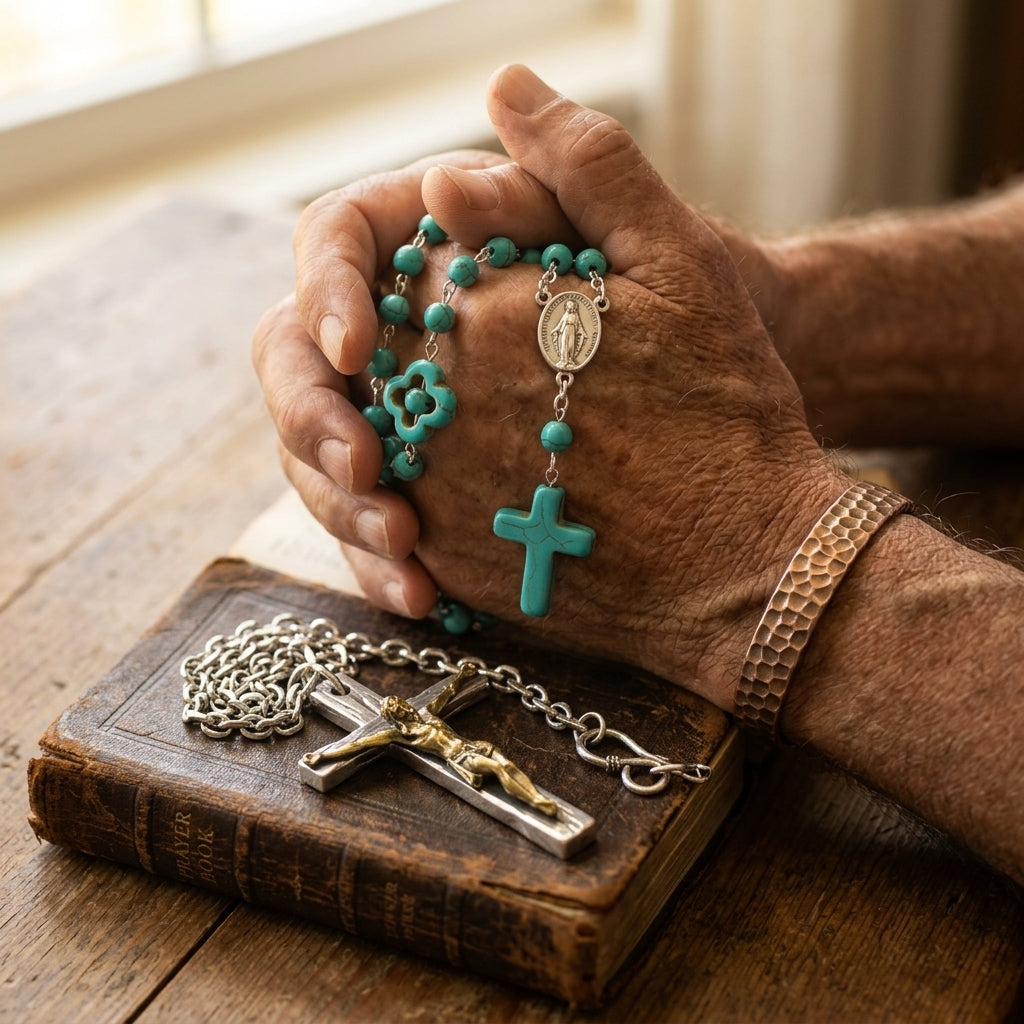 Rosary Natural Stone Crucifix Necklace Catholic 5 Decade Turquoise Prayer Beads Virgin Mary Pendant Orthodox Catholic Cross Round Beaded