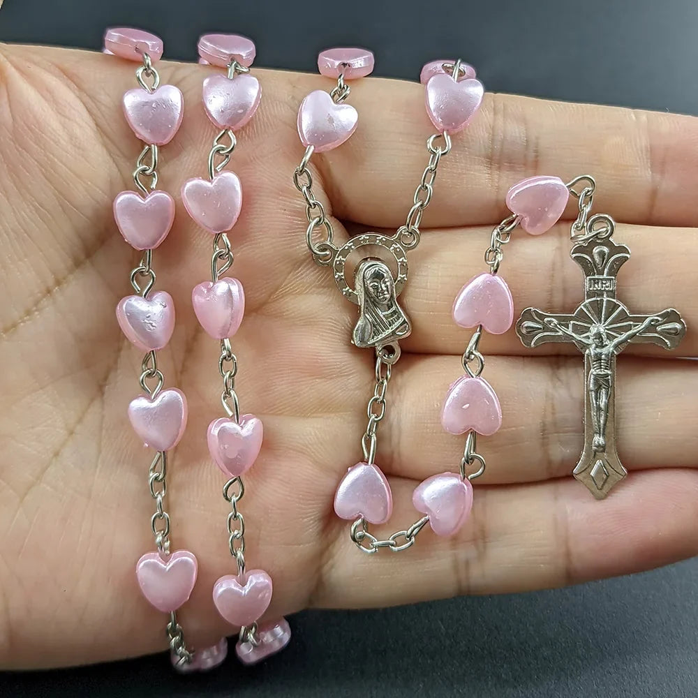 Christian Rosary Beads Necklace For Women Cross INRI Virgin Mary Pendant Pink Heart Chain Female Religion Prayer Party Jewelry