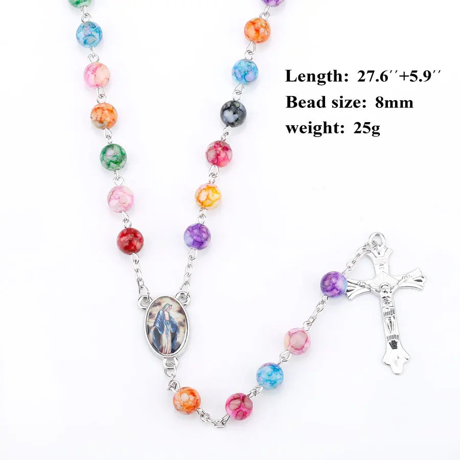 Religion Rosary Prayer Necklace For Women Virgin Mary INRI Cross Pendant Colorful Acrylic Beads Chain Christian Party Jewelry