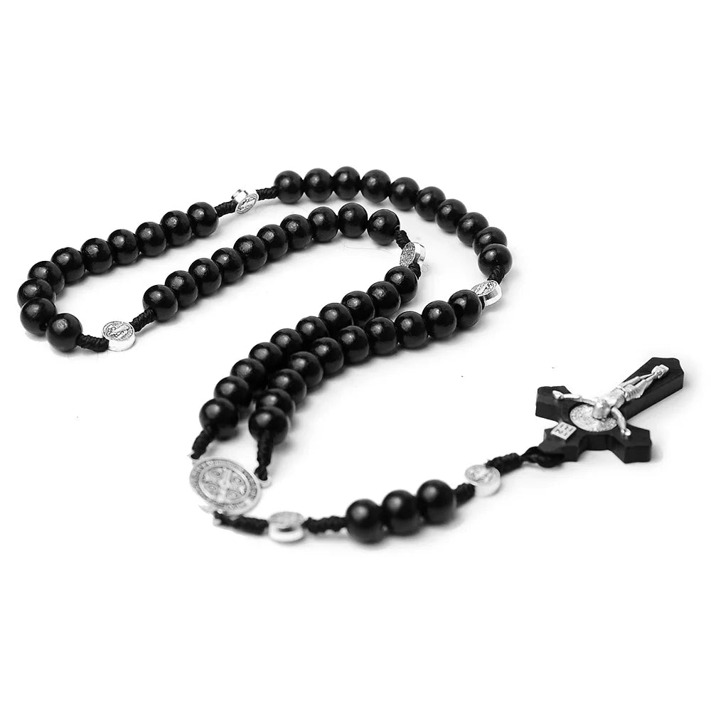 Christian 10MM Wood Beaded Rosary Necklaces For Women Catholic INRI Crucifix Cross Pendant Chain Men Religion Prayer Jewelry