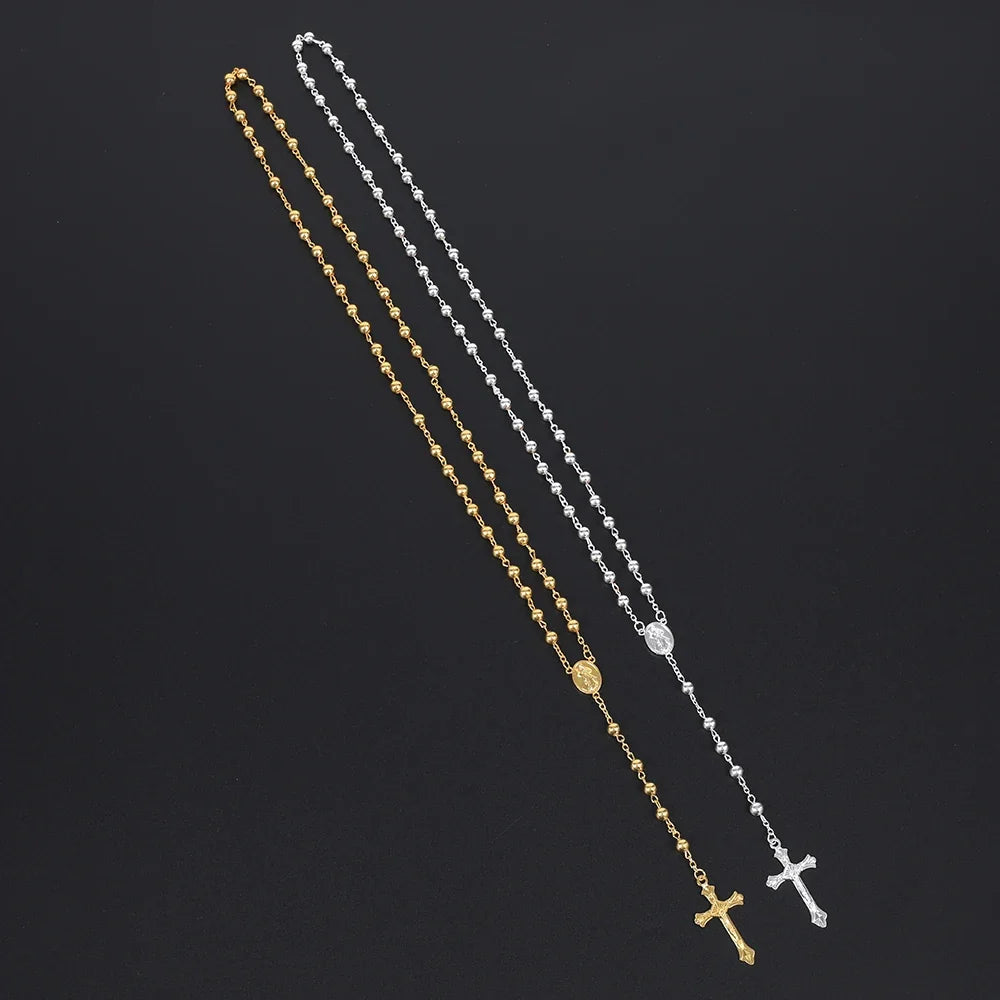 Gold Color Rosary Necklace For Women Men Long 6MM Beads Chain Crucifix Cross Pendant Religious Prayer Party Jewelry Gift
