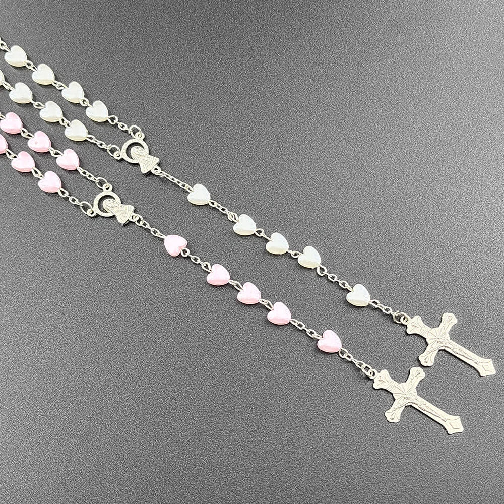 Christian Rosary Beads Necklace For Women Cross INRI Virgin Mary Pendant Pink Heart Chain Female Religion Prayer Party Jewelry