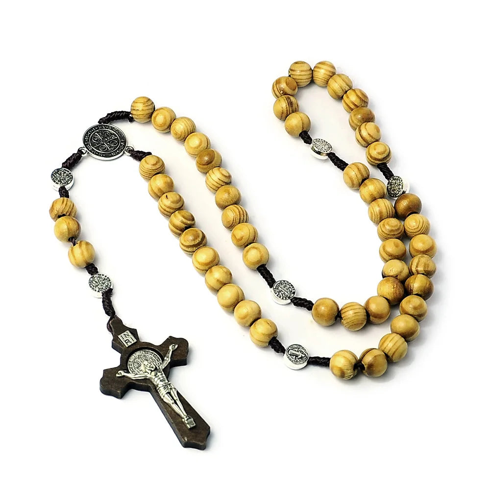 Christian 10MM Wood Beaded Rosary Necklaces For Women Catholic INRI Crucifix Cross Pendant Chain Men Religion Prayer Jewelry