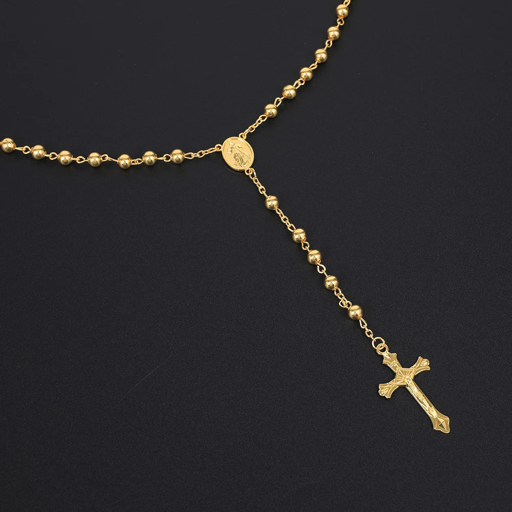 Gold Color Rosary Necklace For Women Men Long 6MM Beads Chain Crucifix Cross Pendant Religious Prayer Party Jewelry Gift