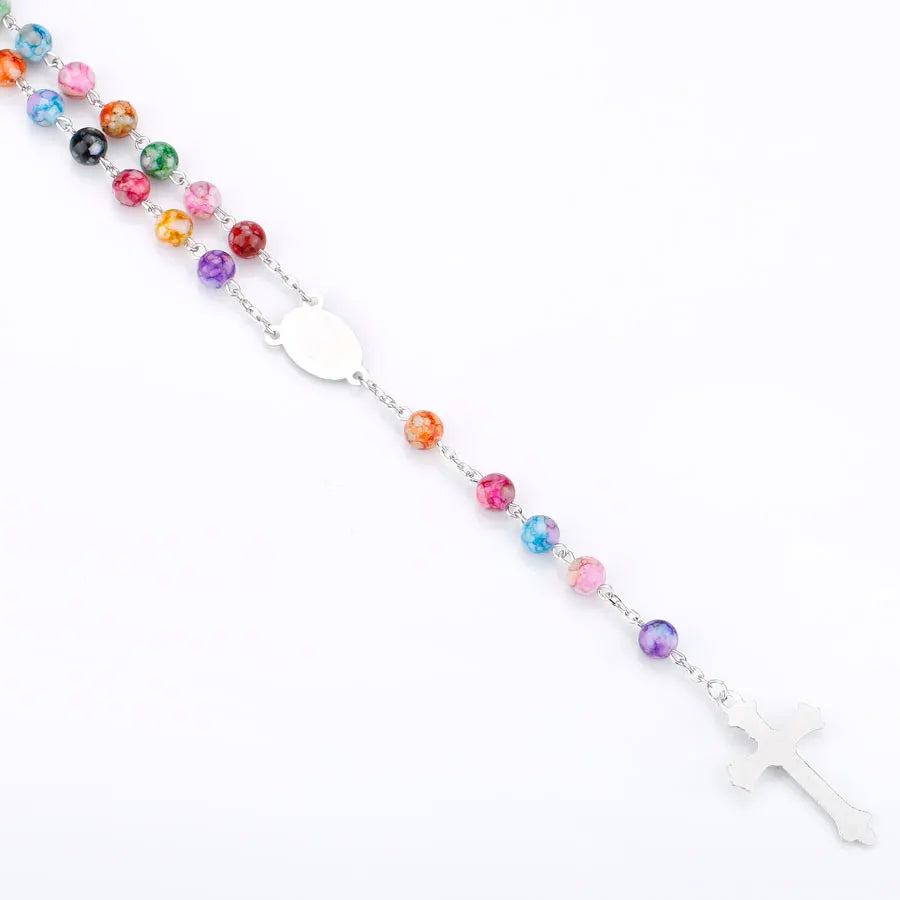 Religion Rosary Prayer Necklace For Women Virgin Mary INRI Cross Pendant Colorful Acrylic Beads Chain Christian Party Jewelry