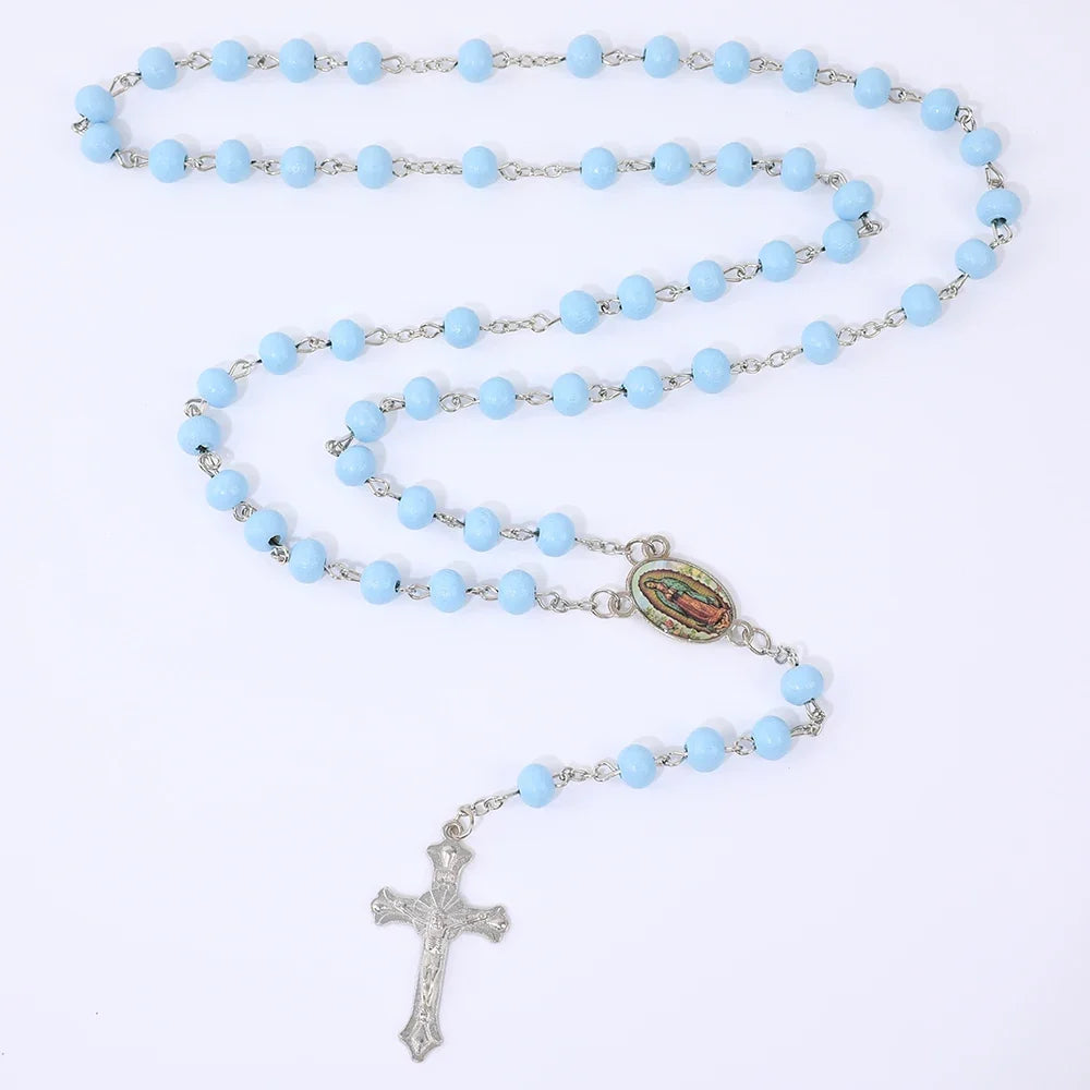 Blue Rosary Necklace For Women Men 6MM Wooden Prayer Beads Long Chain Religious Virgin Mary Cross Pendant Men Party Jewelry Gift