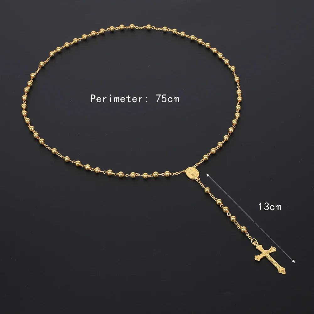 Gold Color Rosary Necklace For Women Men Long 6MM Beads Chain Crucifix Cross Pendant Religious Prayer Party Jewelry Gift