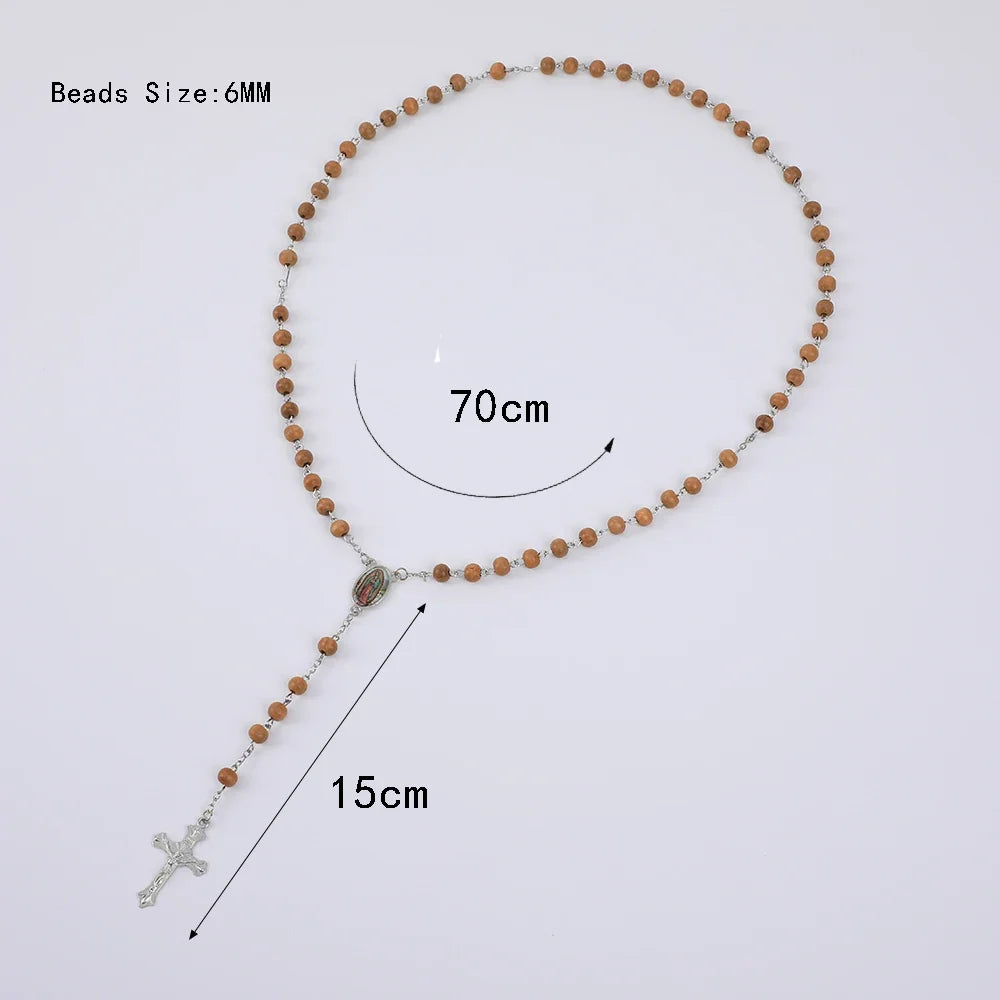 Blue Rosary Necklace For Women Men 6MM Wooden Prayer Beads Long Chain Religious Virgin Mary Cross Pendant Men Party Jewelry Gift