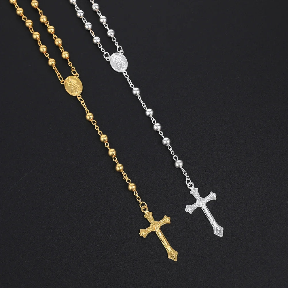Gold Color Rosary Necklace For Women Men Long 6MM Beads Chain Crucifix Cross Pendant Religious Prayer Party Jewelry Gift