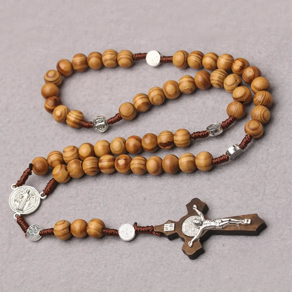 Christian 10MM Wood Beaded Rosary Necklaces For Women Catholic INRI Crucifix Cross Pendant Chain Men Religion Prayer Jewelry
