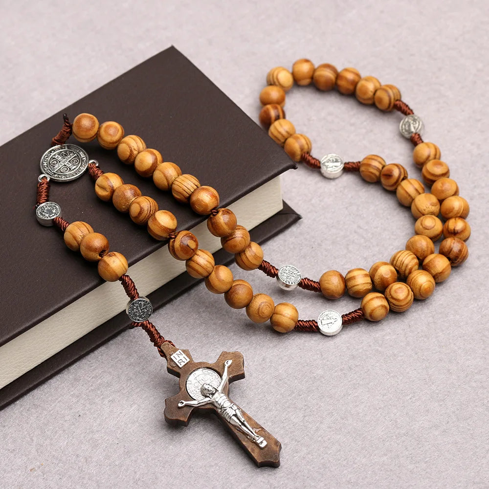 Christian 10MM Wood Beaded Rosary Necklaces For Women Catholic INRI Crucifix Cross Pendant Chain Men Religion Prayer Jewelry