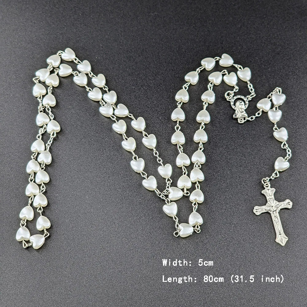 Christian Rosary Beads Necklace For Women Cross INRI Virgin Mary Pendant Pink Heart Chain Female Religion Prayer Party Jewelry