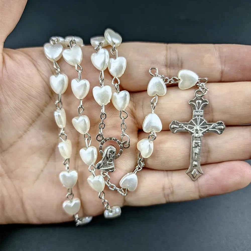 Christian Rosary Beads Necklace For Women Cross INRI Virgin Mary Pendant Pink Heart Chain Female Religion Prayer Party Jewelry