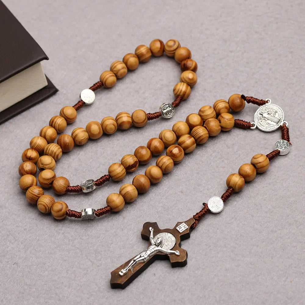 Christian 10MM Wood Beaded Rosary Necklaces For Women Catholic INRI Crucifix Cross Pendant Chain Men Religion Prayer Jewelry