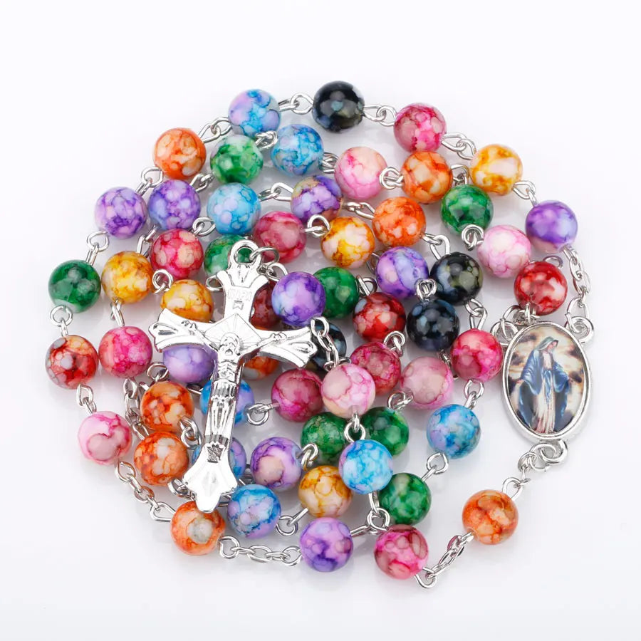 Religion Rosary Prayer Necklace For Women Virgin Mary INRI Cross Pendant Colorful Acrylic Beads Chain Christian Party Jewelry