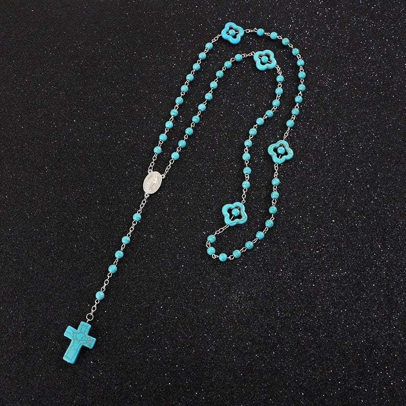 Rosary Natural Stone Crucifix Necklace Catholic 5 Decade Turquoise Prayer Beads Virgin Mary Pendant Orthodox Catholic Cross Round Beaded
